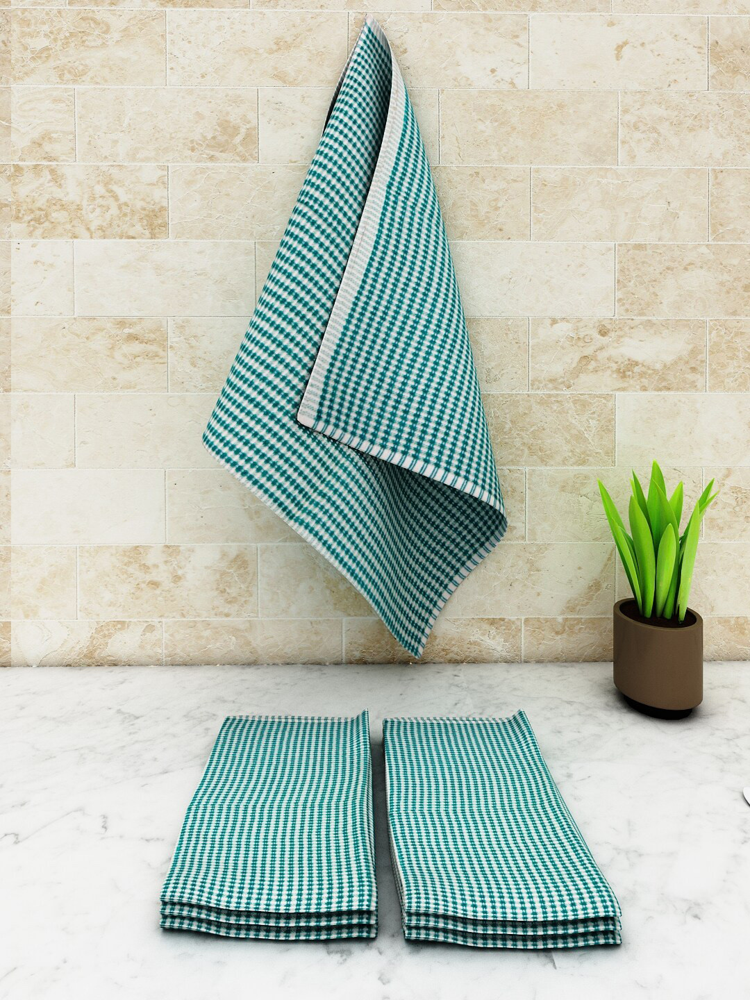 Athom Living Green & White 6 Pieces 325 GSM Cotton Kitchen Towel Set