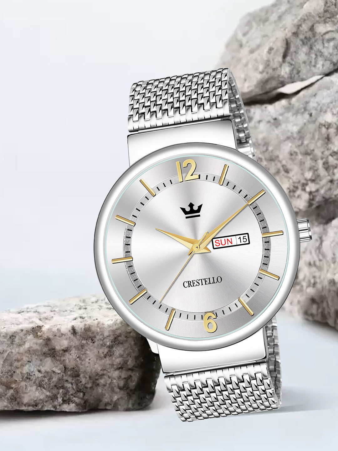 CRESTELLO Men Brass Dial Analogue Multi Function Watch CR-G035-SLV-CH