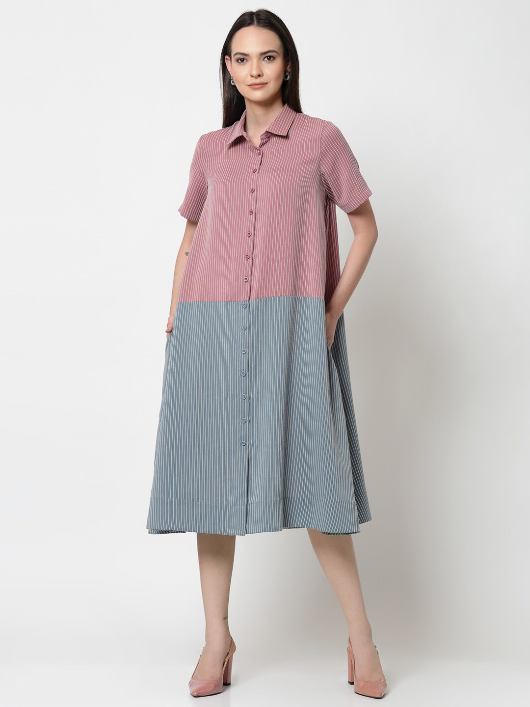 OFFICE & YOU Colourblocked Cotton Shirt Midi Dress