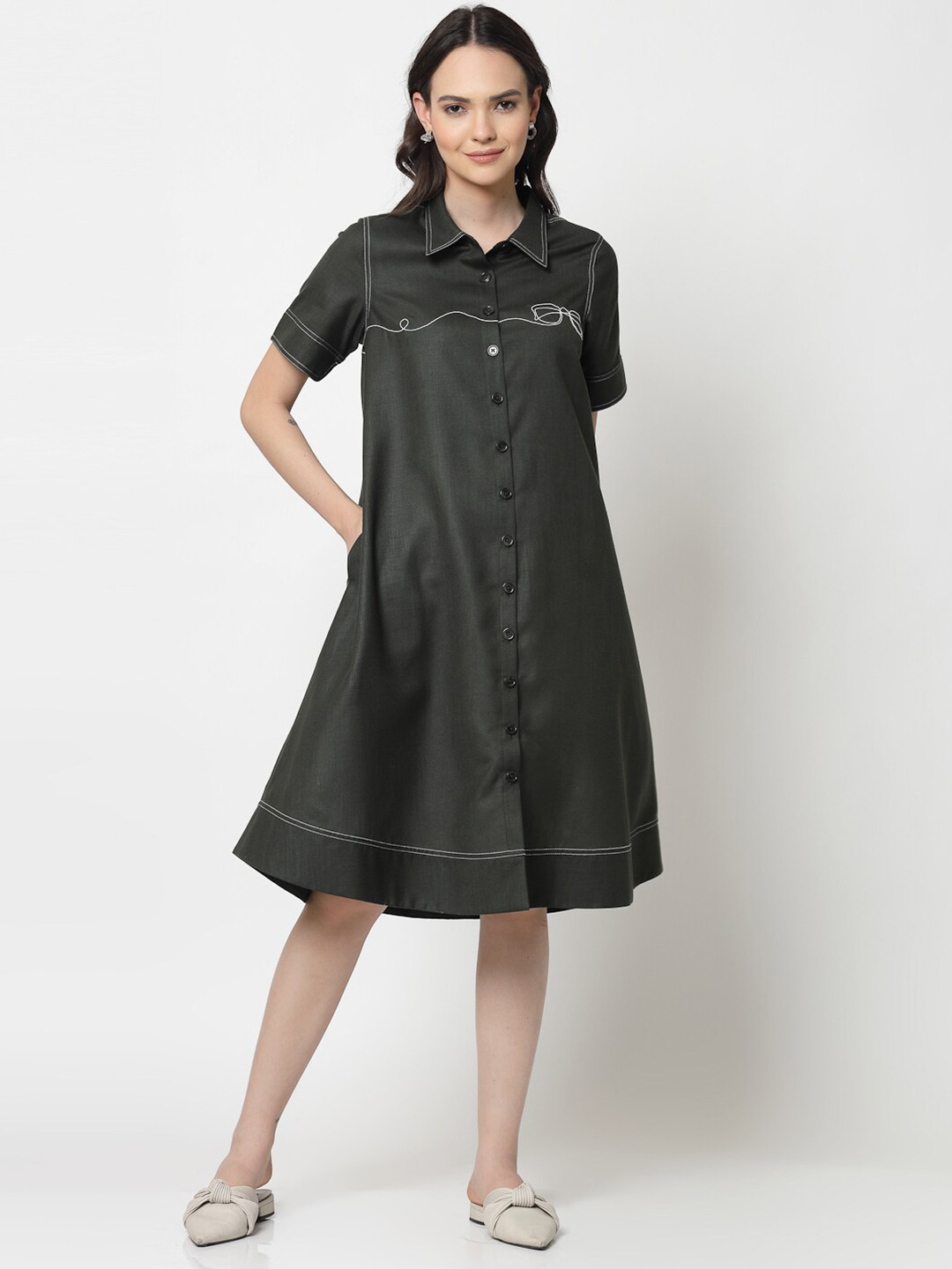 OFFICE & YOU Embroidered Cotton Shirt Dress