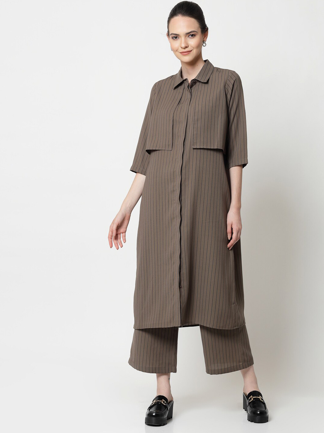 OFFICE & YOU Striped Shirt Collar Straight Cotton Fusion Kurta