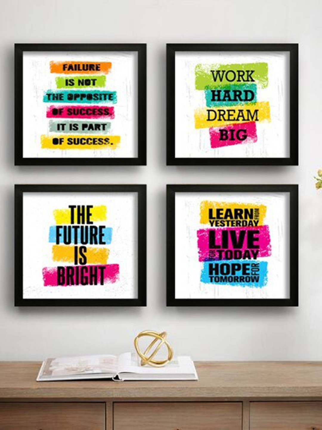SAF White & Green 4 Pieces Motivational Quotes Printed UV-Finish Painting Wall Art