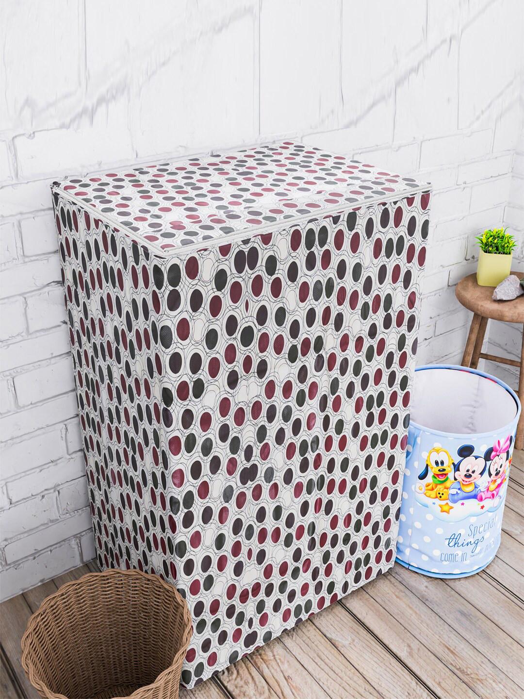 Kuber Industries Off-White & Maroon Printed Washing Machine Cover
