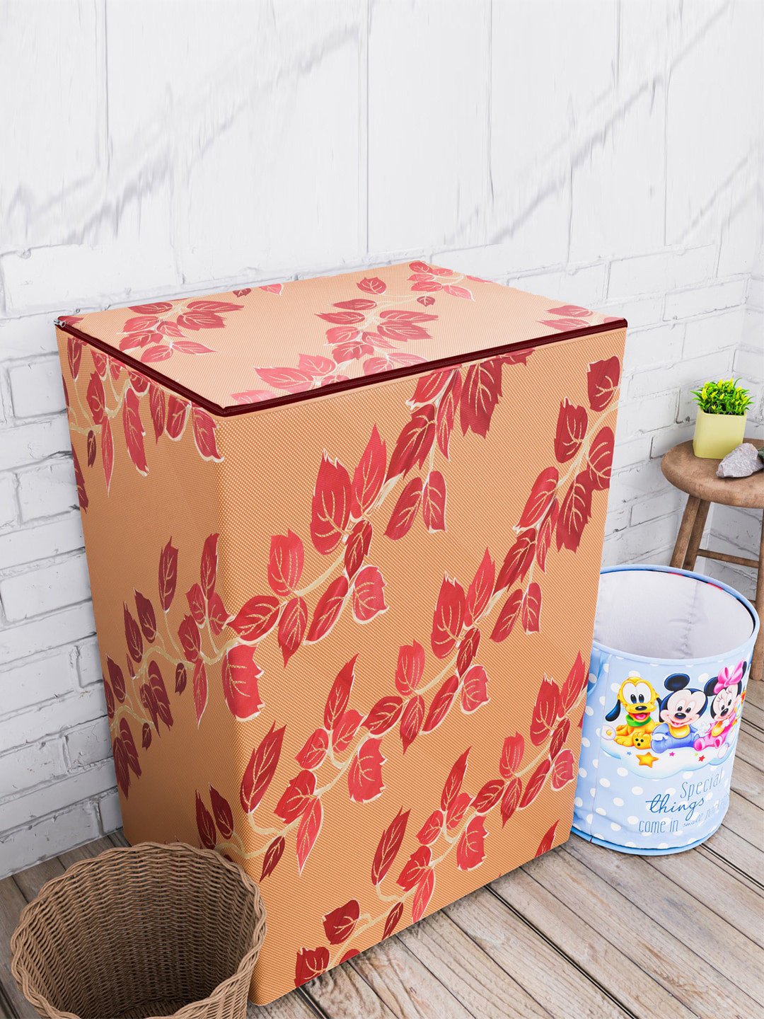 Kuber Industries Orange-Coloured & Red Printed Washing Machine Cover