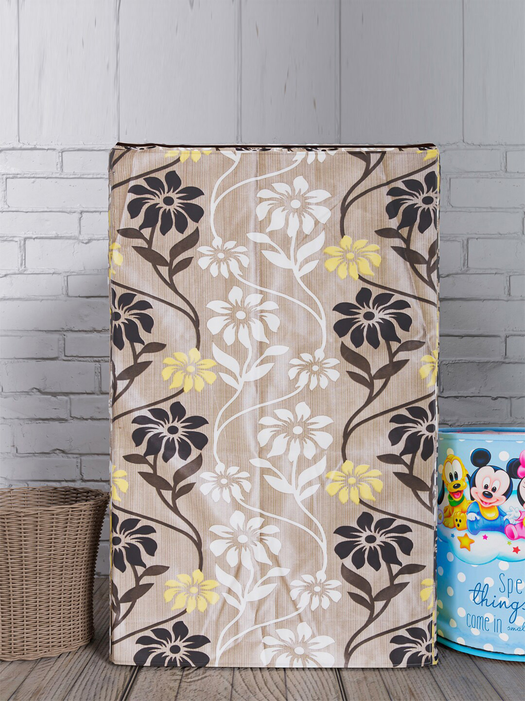 Kuber Industries Brown & White Floral Printed Washing Machine Cover