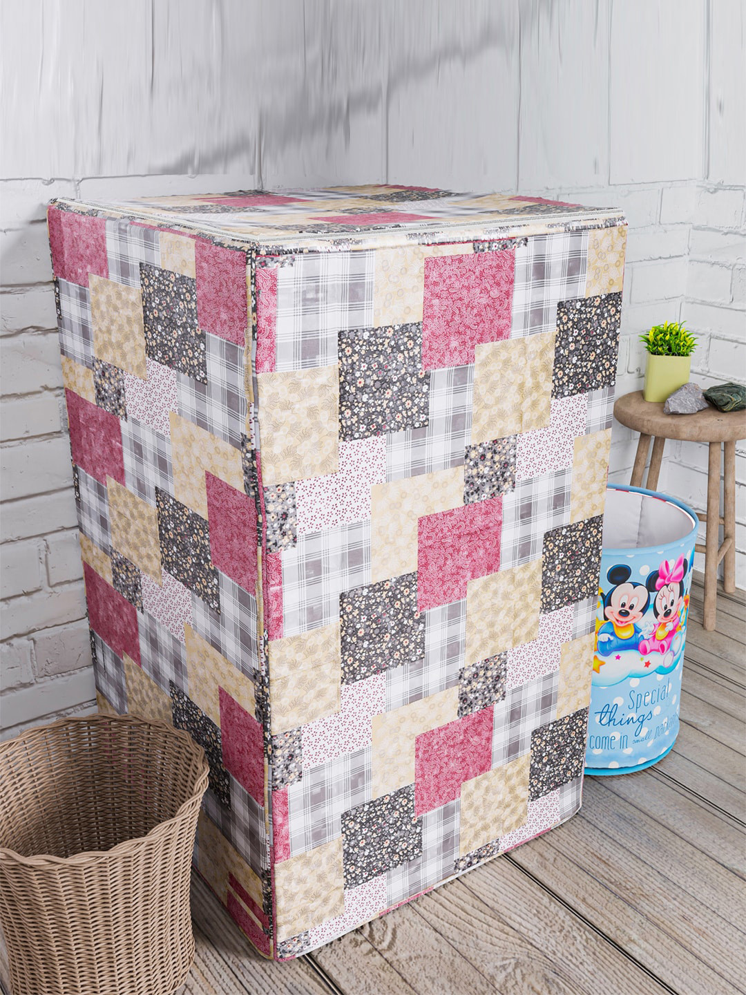 Kuber Industries Grey & Pink Printed Washing Machine Cover