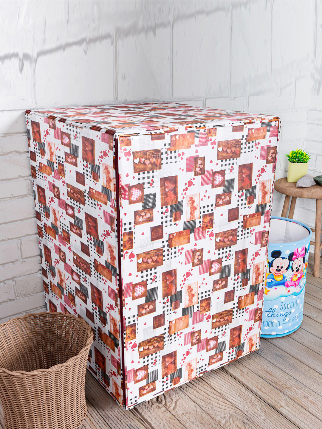 Kuber Industries White &  Pink Printed Washing Machine Cover