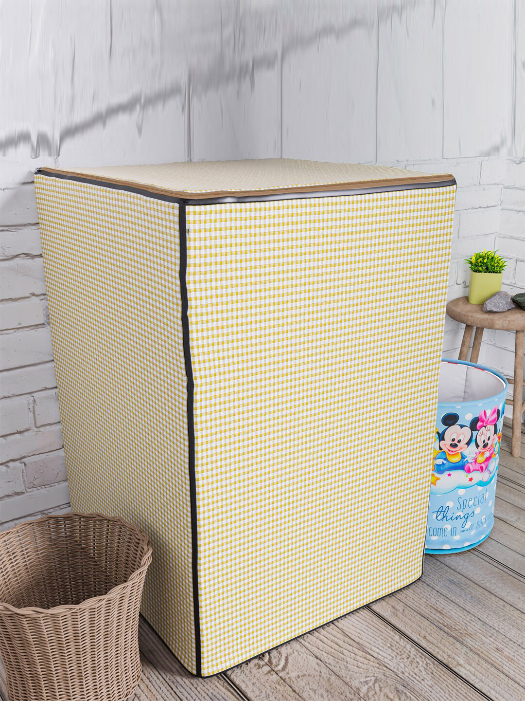 Kuber Industries Yellow & White Checked Top Load Fully-Automatic Washing Machine Cover