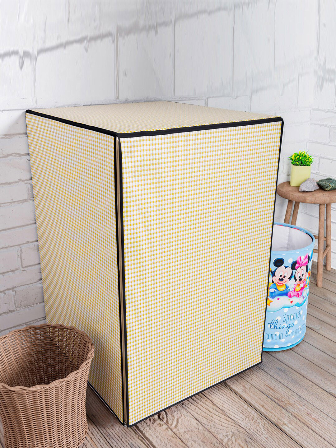 Kuber Industries Yellow & White Checked Front Load Washing Machine Cover