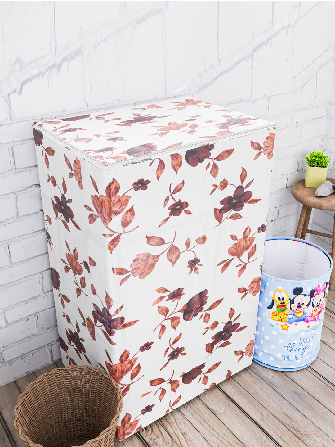 Kuber Industries Cream-Coloured & Brown Printed Top Load Washing Machine Cover