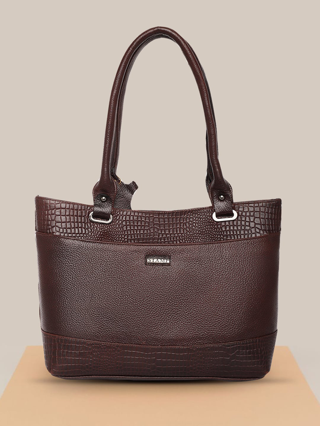 Stamp Textured Leather Bucket Shoulder Bag with Cut Work