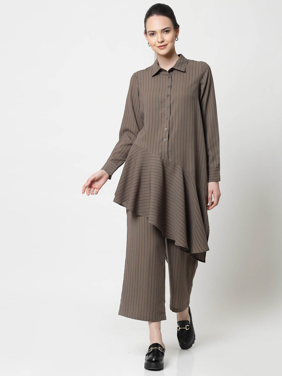 OFFICE & YOU Striped Asymmetrical Hem Longline Oversized Cotton Casual Shirt