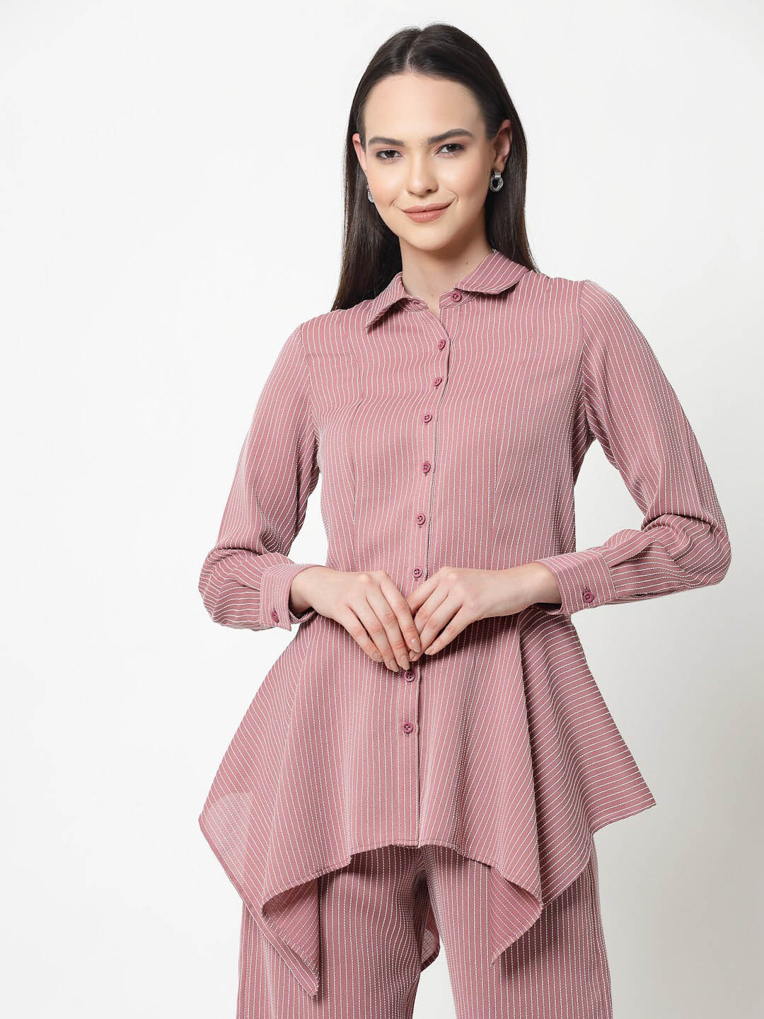 OFFICE & YOU Vertical Striped Cuffed Sleeves Longline Asymmetrical Cotton Shirt Style Top