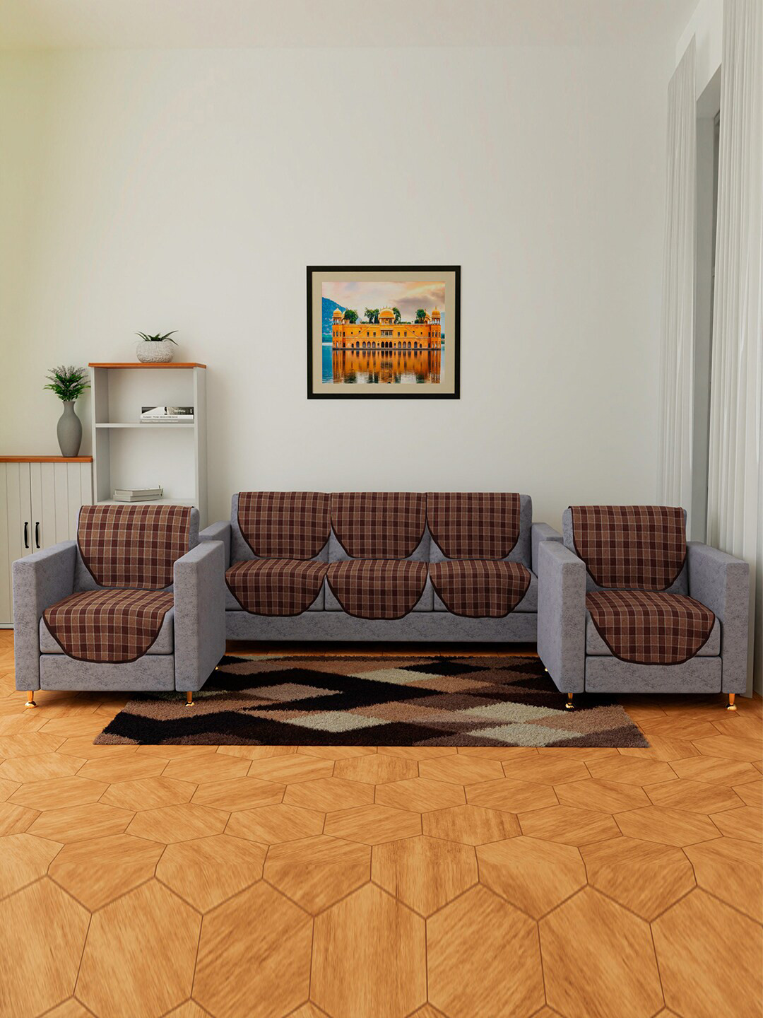 Kuber Industries Brown 6 Pieces Checked Cotton Sofa Covers