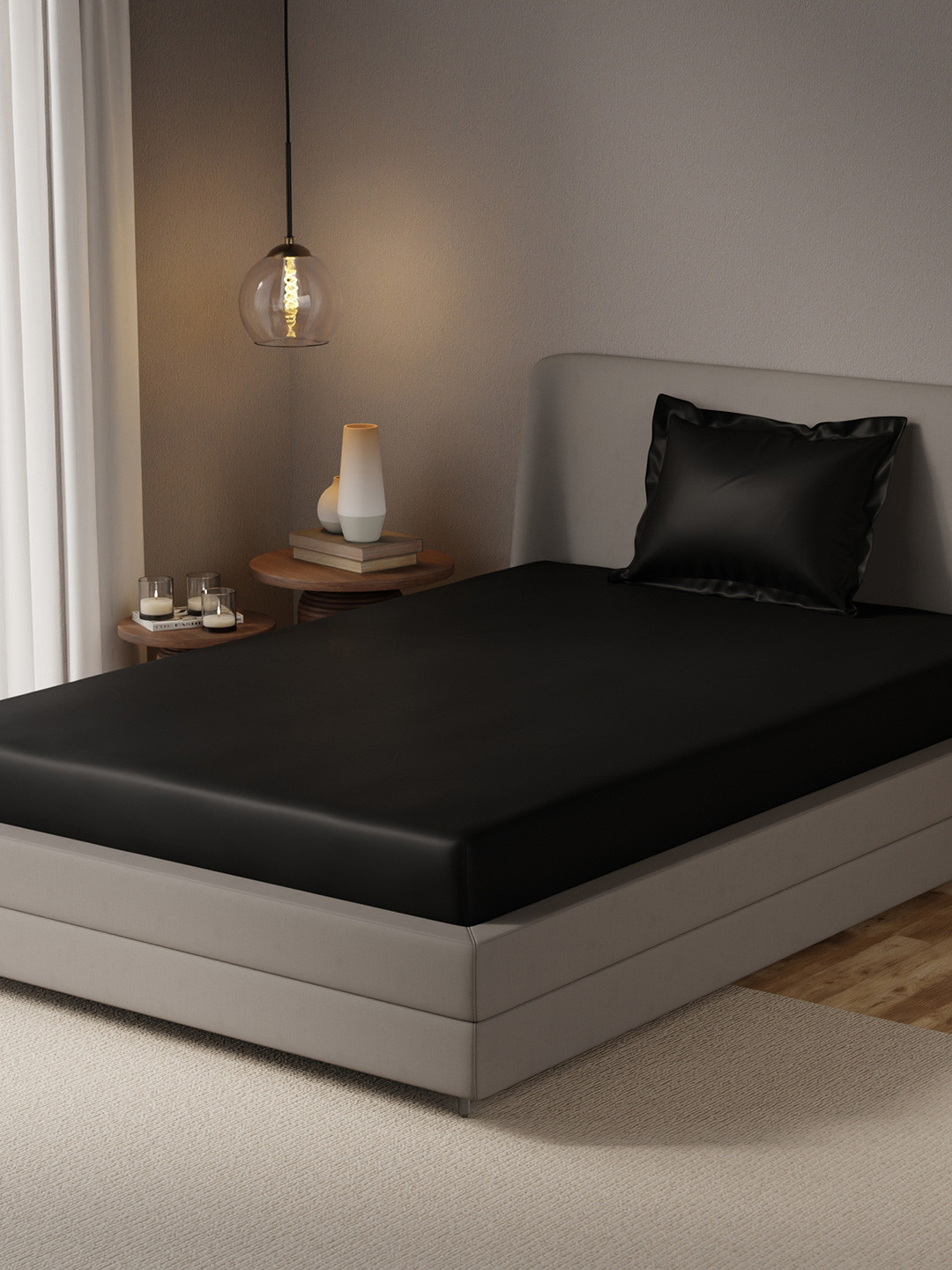 Stoa Paris Date Night Black Polyester 300 TC Fitted Single Fine Bedsheet with a Pillow Cover-42 x 72 inches