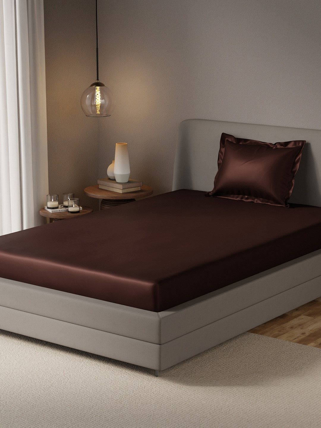 Stoa Paris Date Night Coffee Brown Satin 300 TC Fitted Single Fine Bedsheet with a Pillow Cover-72 x 42 inches