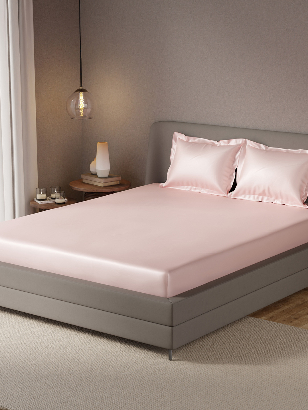 Stoa Paris Date Night Pink Solid Polyester 300 TC Fitted King Fine Bedsheet with 2 Pillow Covers-250 x 220 cm