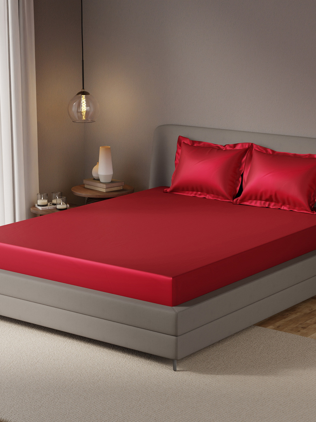 Stoa Paris Red Satin 300 TC Fitted King Fine Bedsheet with 2 Pillow Covers-72 x 78 inches
