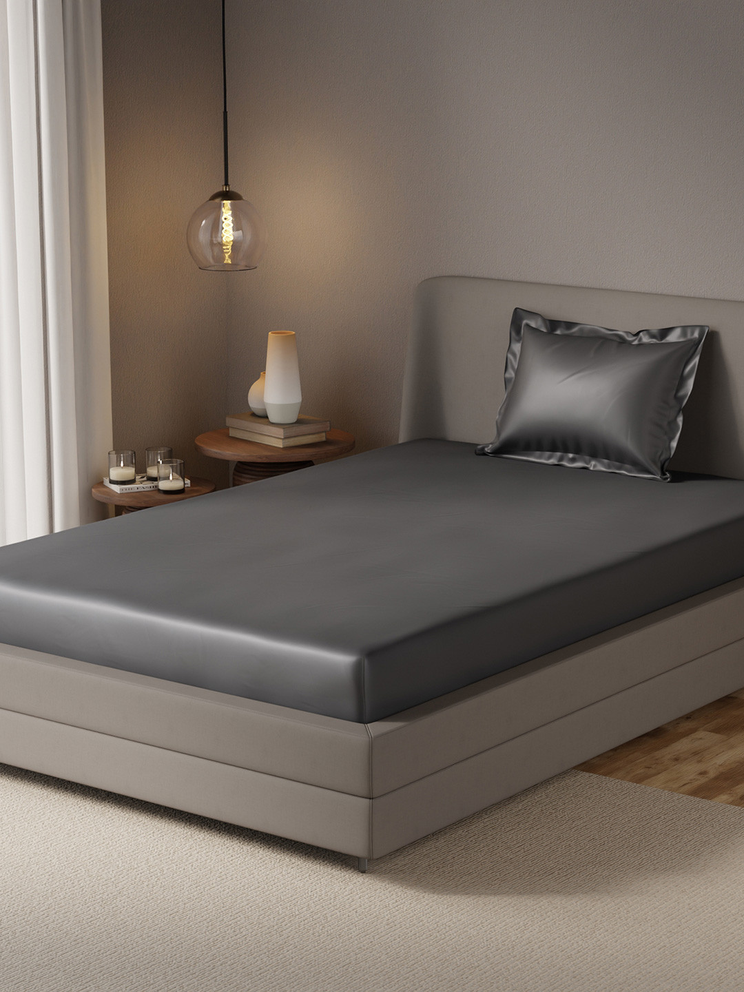 Stoa Paris Date Night Grey Solid Satin 300 TC Fitted Single Fine Bedsheet with a Pillow Cover-107 x 183 cm