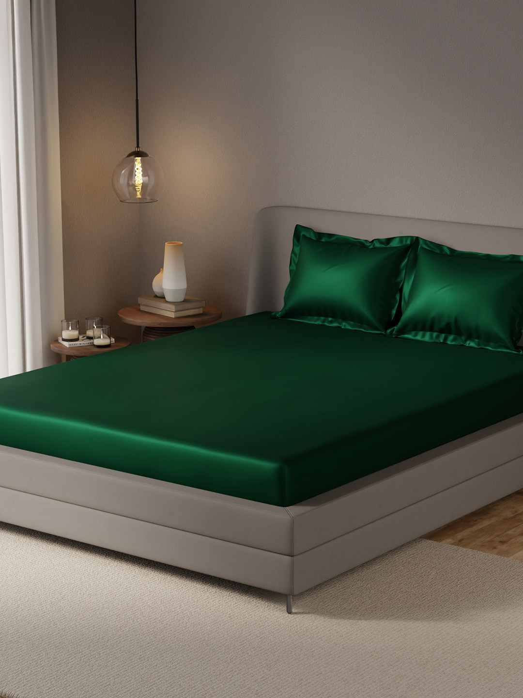 Stoa Paris Date Night Collection Green Solid Satin 300 TC Fitted King Fine Bedsheet with 2 Pillow Covers-214 x 183 x 25 cm
