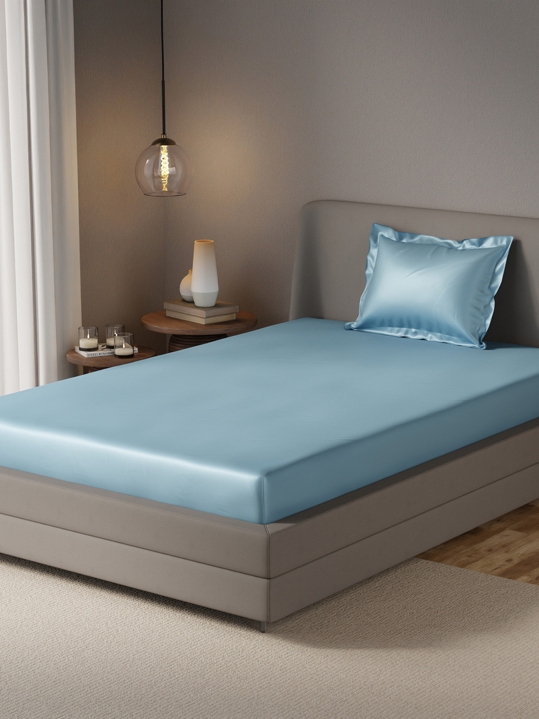 Stoa Paris Date Night Blue Solid Polyester 300 TC Fitted Single Fine Bedsheet with a Pillow Cover-152 x 224 cm