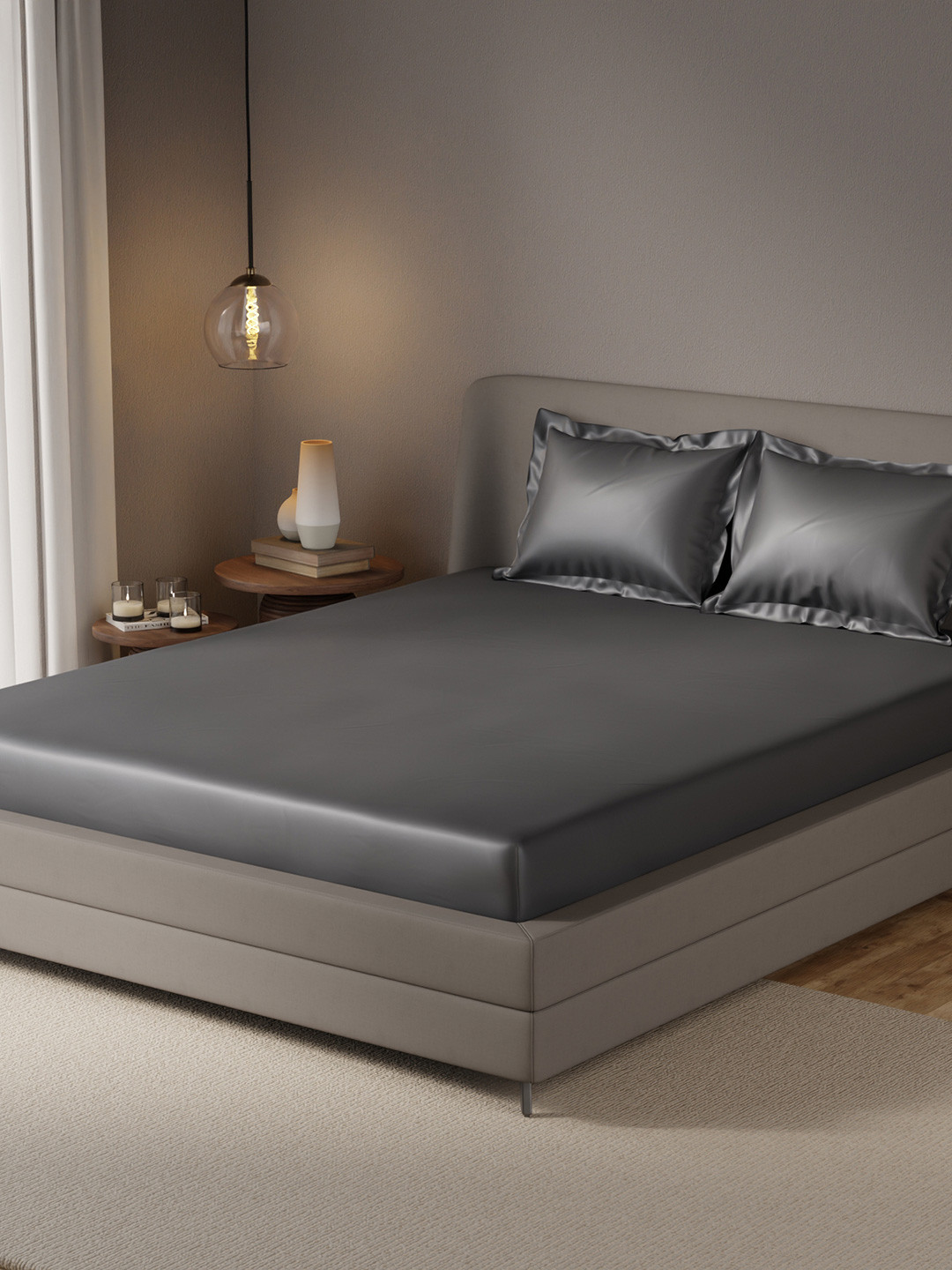 Stoa Paris Date Night Grey Polyester Breathable 300 TC Fitted Queen Fine Bedsheet with 2 Pillow Covers-60 x 78 inches