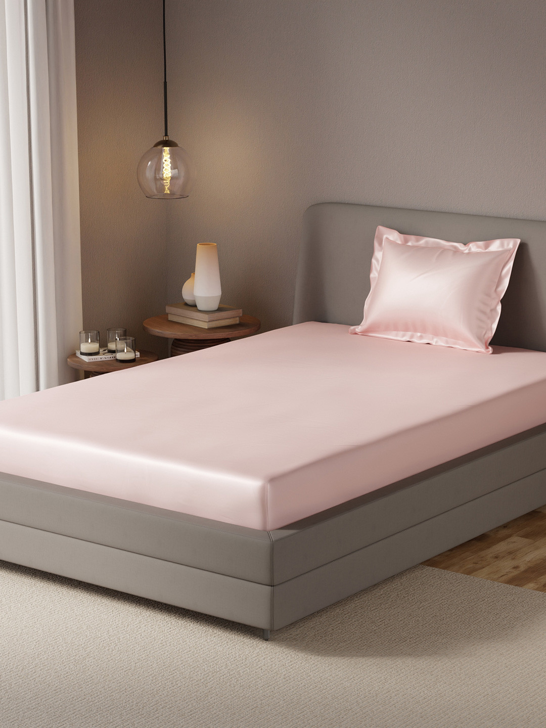 Stoa Paris Date Night Pink Polyester 300 TC Fitted Single Fine Bedsheet with a Pillow Cover-87 x 93 inches