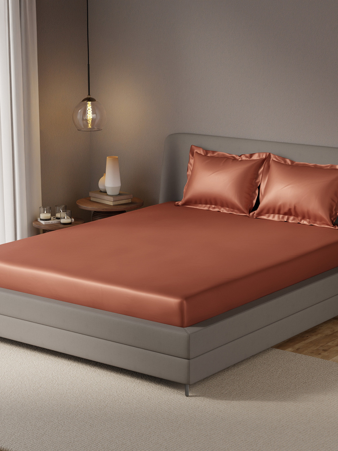 Stoa Paris Date Night Brown Satin 300 TC Fitted Queen Fine Bedsheet with 2 Pillow Covers-84 x 72 inches