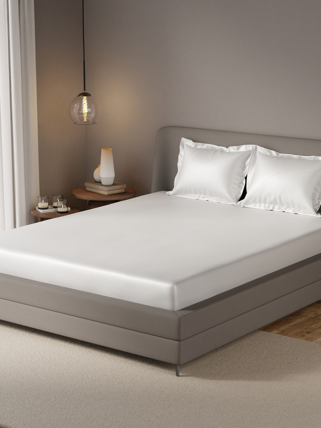 Stoa Paris Date Night White Solid Satin 300 TC Fitted King Fine Bedsheet with 2 Pillow Covers-183 x 213 cm