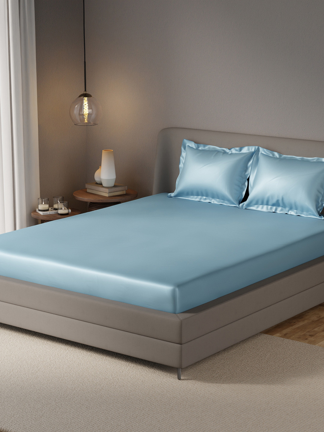 Stoa Paris Date Night Collection Blue Satin 300 TC Fitted Super King Fine Bedsheet with 2 Pillow Covers-84 x 72 inches