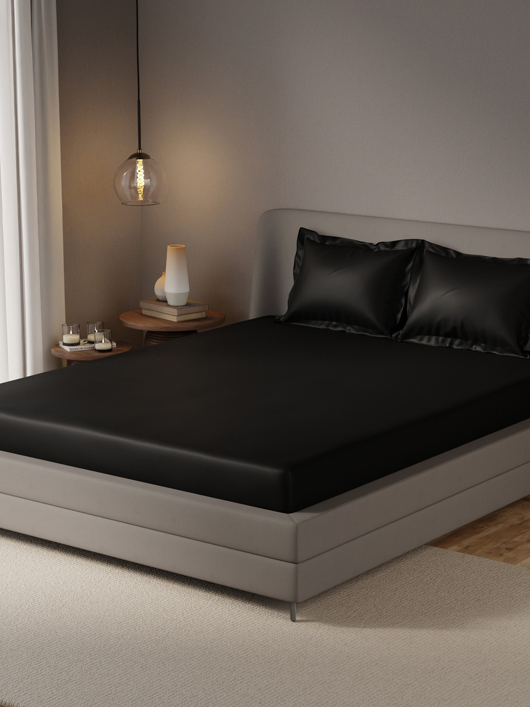 Stoa Paris Date Night Collection Black Satin 300 TC Fitted Queen Fine Bedsheet with 2 Pillow Covers-100 x 90 inches