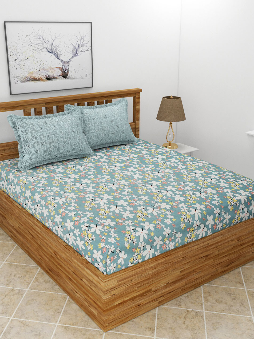 MORADO Saffron Grey Floral Polycotton 210 TC King Fine Bedsheet with 2 Pillow Covers-274.32 x 274.32 cm