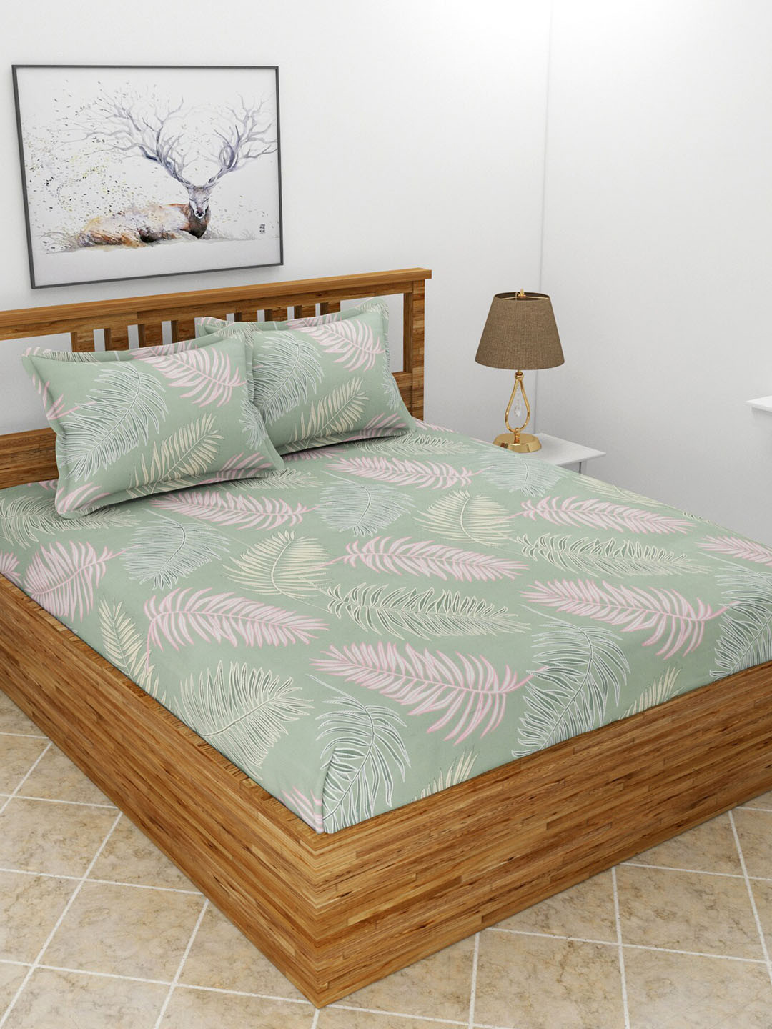 MORADO Maple Green Leaf Polycotton 210 TC Queen Fine Bedsheet with 2 Pillow Covers-254 x 228 cm