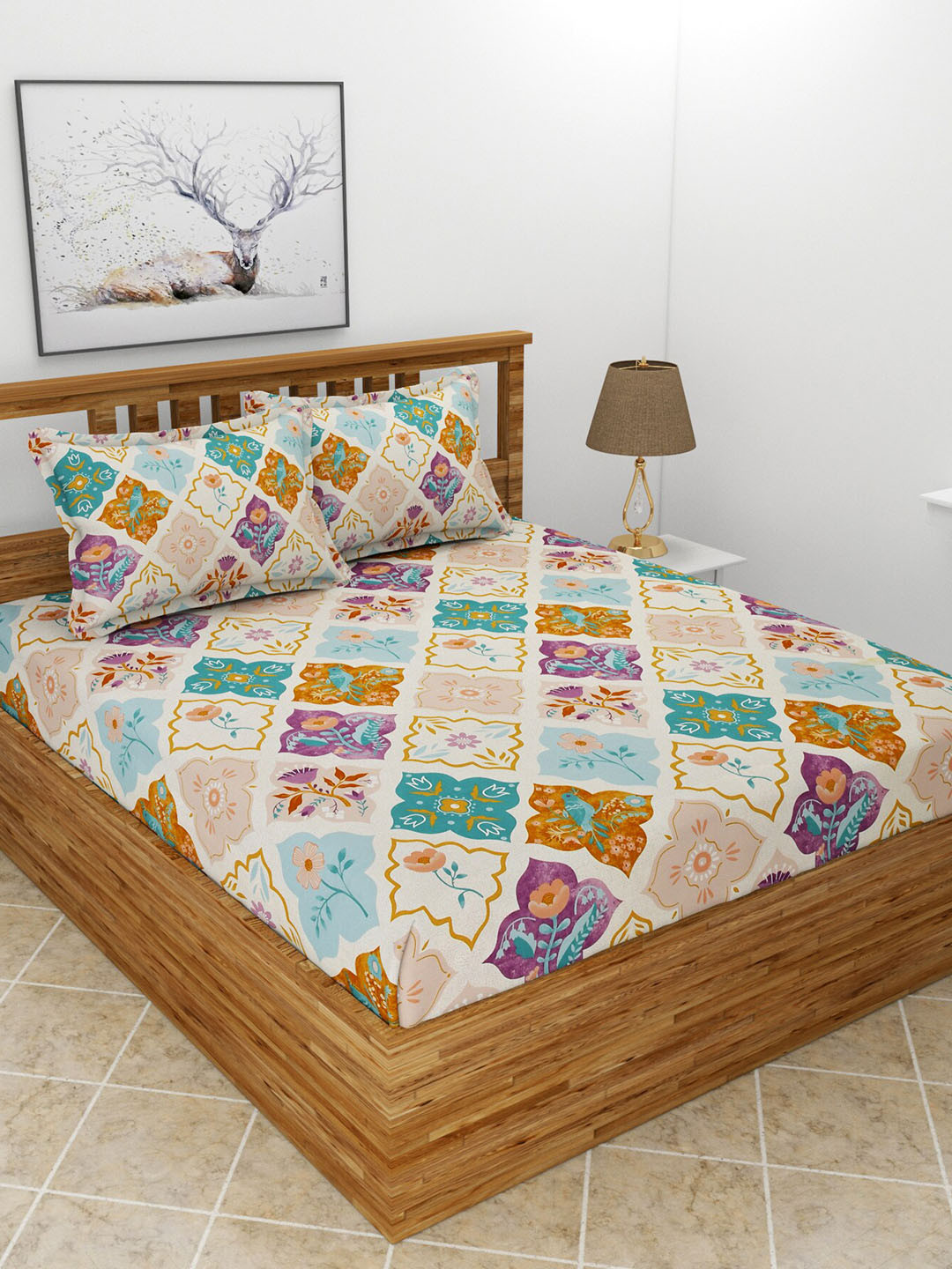 MORADO Maple Off White Ethnic Motifs Polycotton 210 TC Queen Fine Bedsheet with 2 Pillow Covers-100 x 90 inches