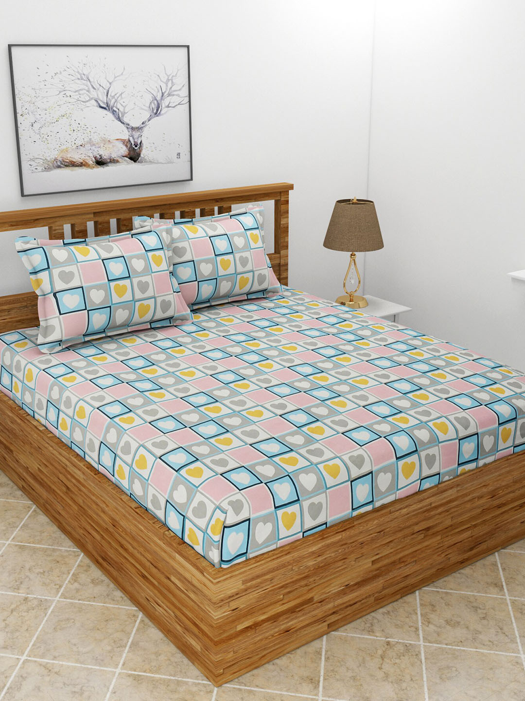 MORADO Saffron White Geometric Polycotton 210 TC King Fine Bedsheet with 2 Pillow Covers-108 x 108 inches