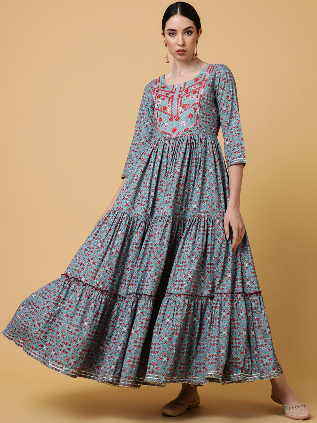 AADAT Floral Printed Gathered Tiered Maxi Ethnic Dress