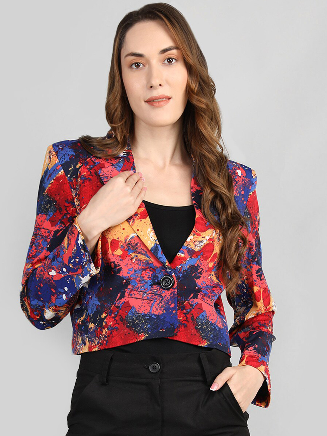 CHKOKKO  Abstract Printed Single-Breasted Stylish Crop Overcoat