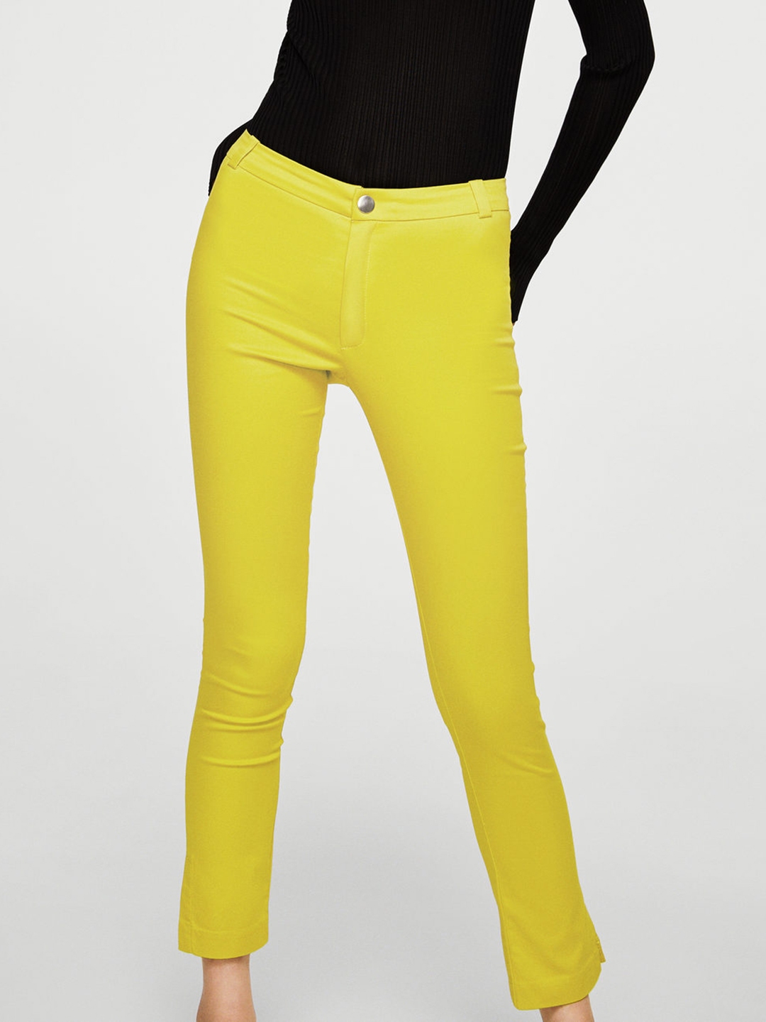 Slim Fit Plain Yellow Cotton Trouser
