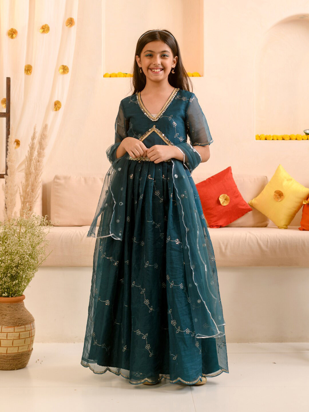 pspeaches Girls Embellished Organza Gown Ethnic Dress With Dupatta