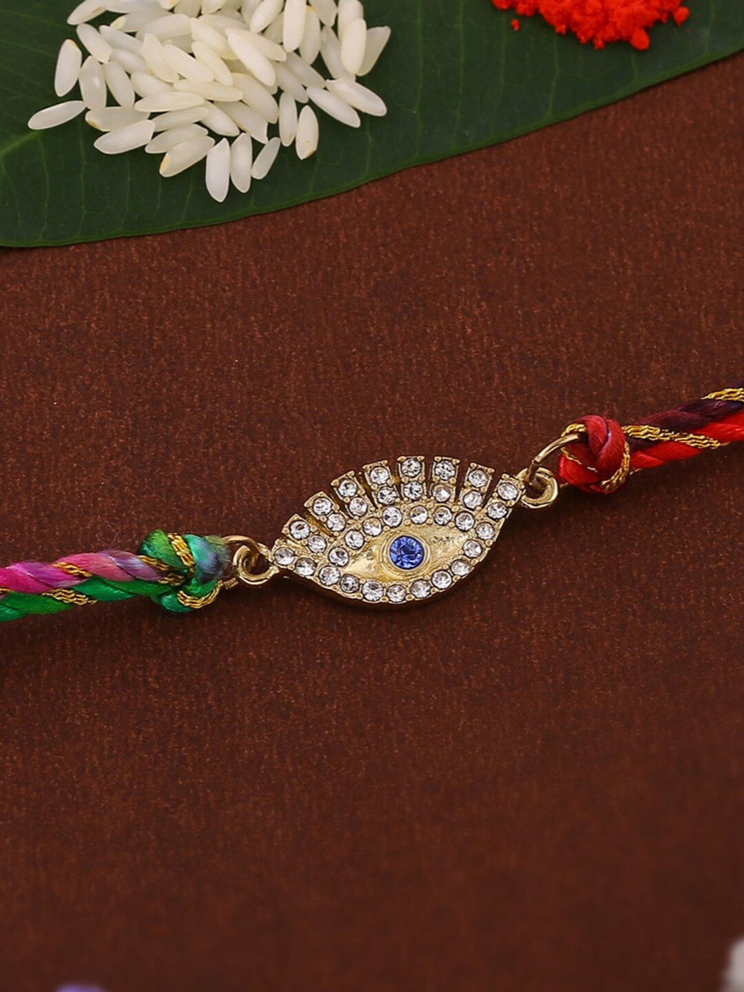 Estele Gold-Plated Artificial Crystal-Studded Evil Eye Charm Thread Rakhi