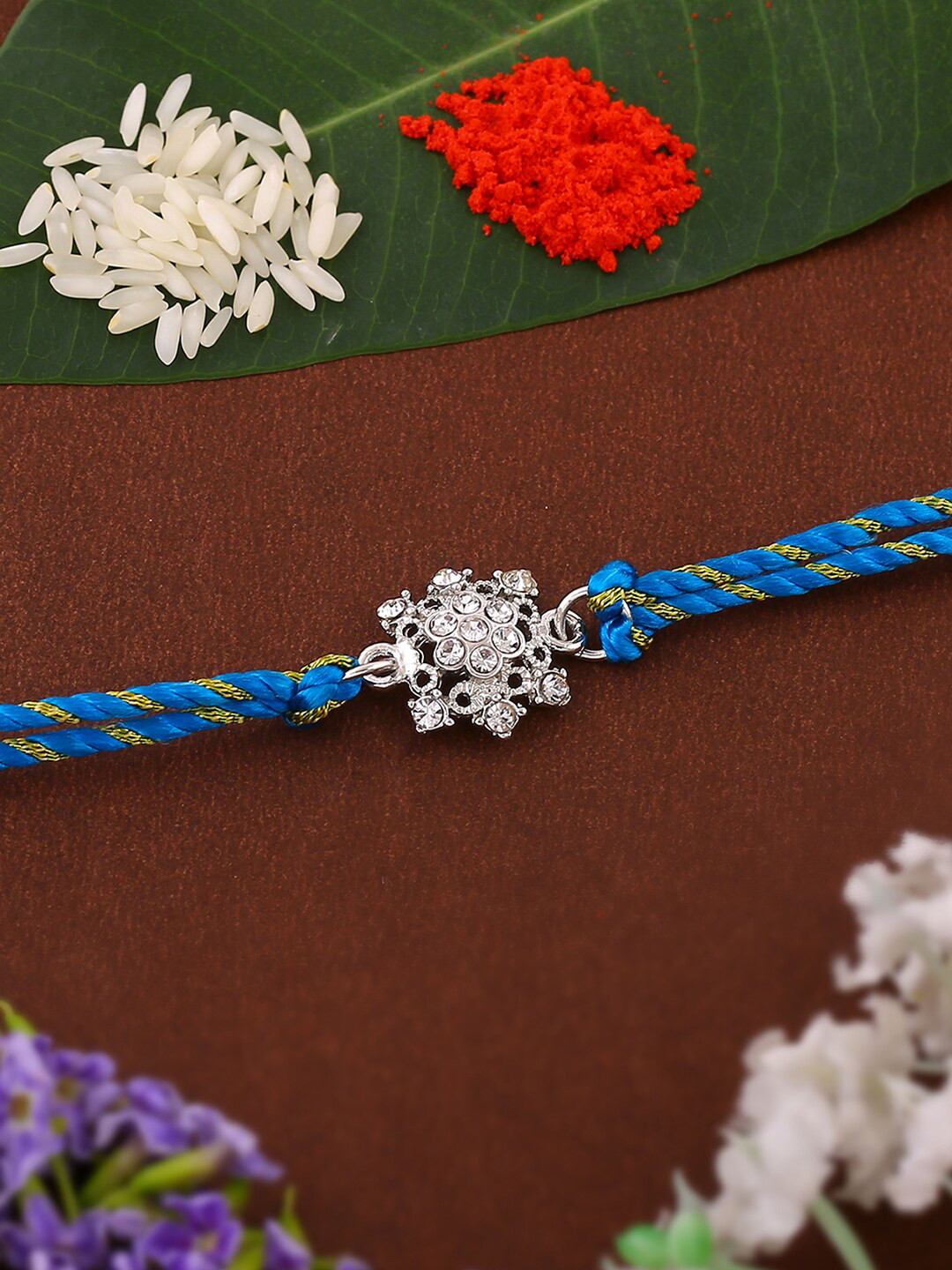 Estele Rhodium-Plated Artificial Crystal-Studded Thread Rakhi