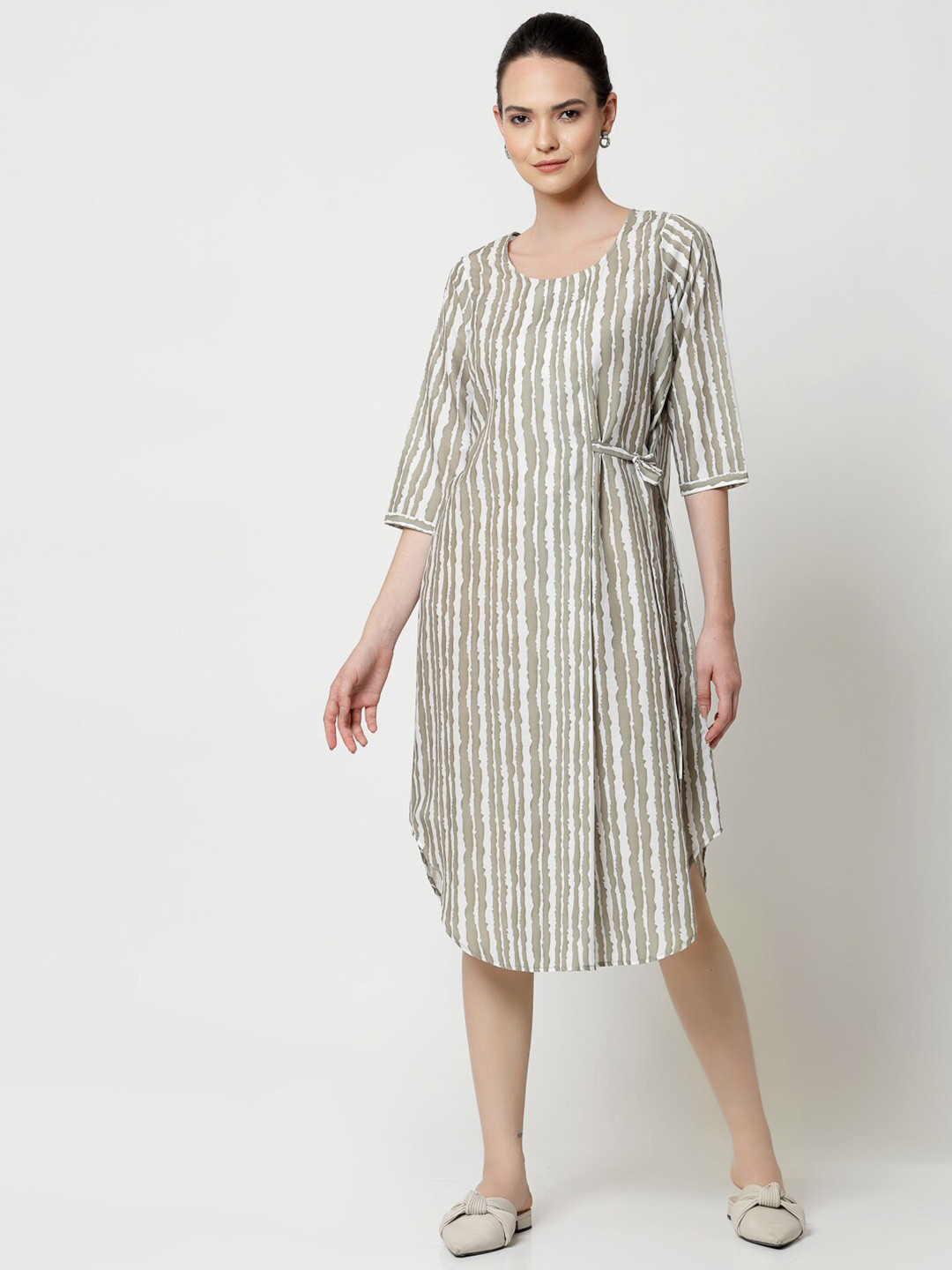 OFFICE & YOU Striped Tie Ups Cotton A Line Dress