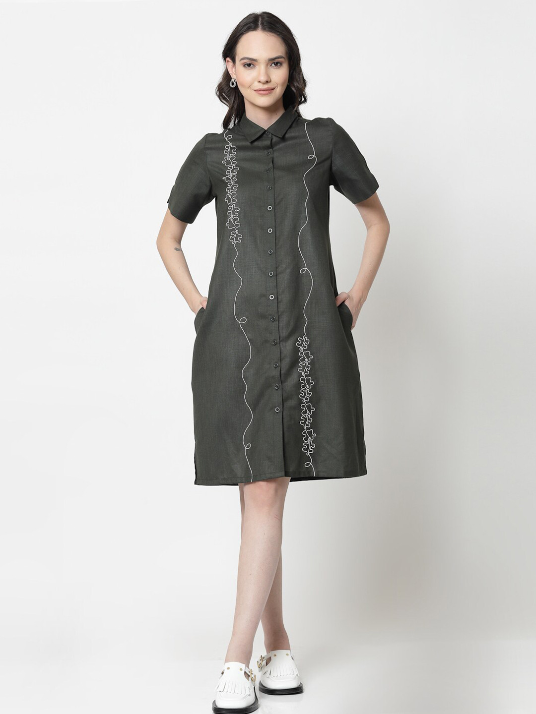 OFFICE & YOU Abstract Printed Shirt Collar Slit Sleeves Cotton Shirt Dress