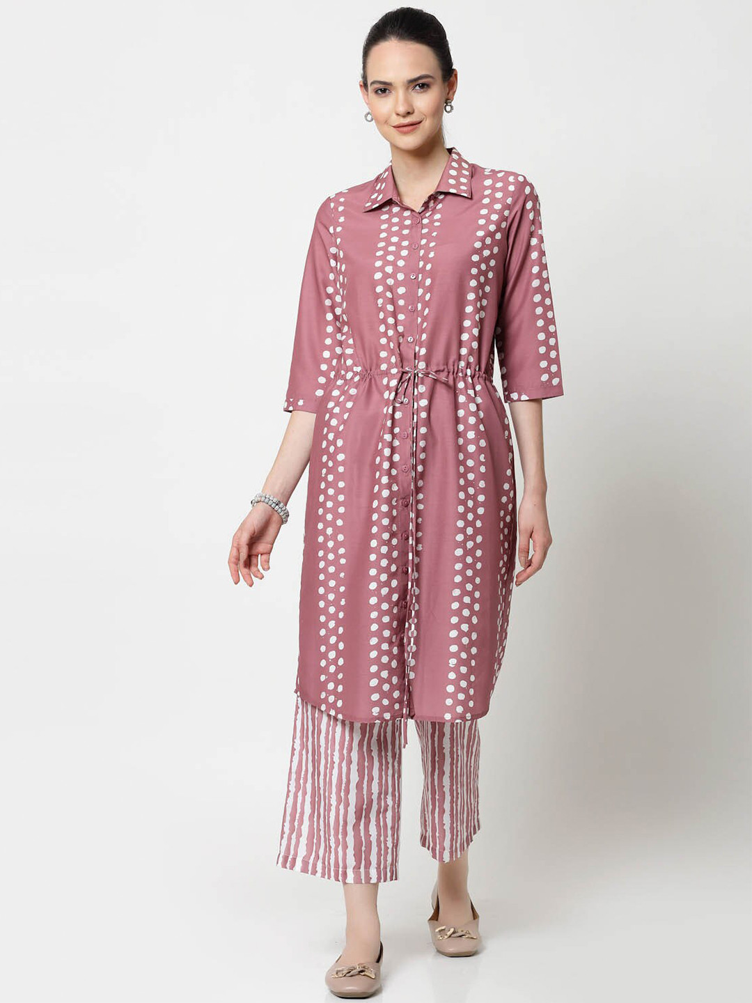 OFFICE & YOU Printed Shirt Collar Cotton Tunic With Draw Strings
