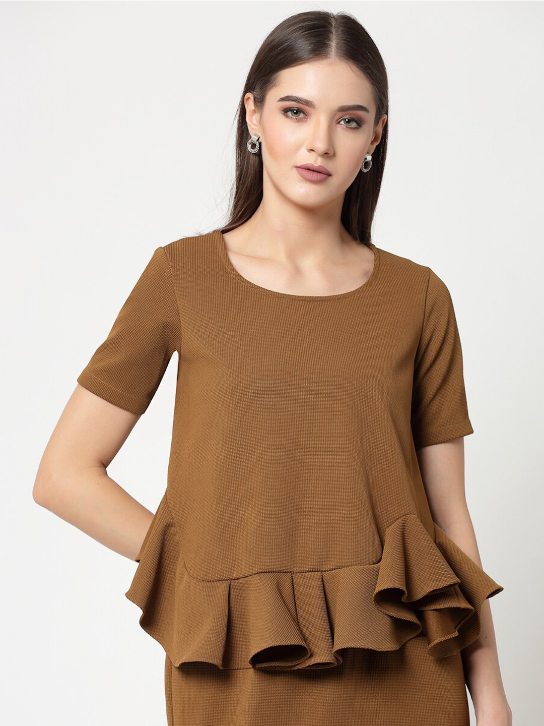 OFFICE & YOU Round Neck Pleated Peplum Top