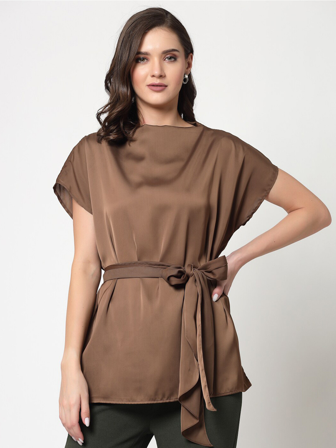 OFFICE & YOU Boat Neck Extended Sleeves Longline Belted Satin Top