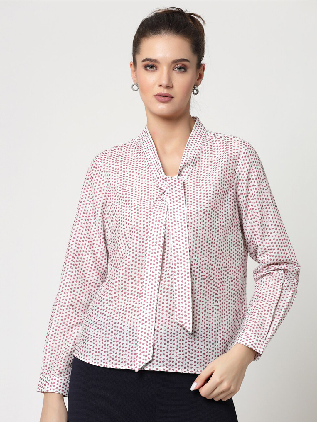 OFFICE & YOU Geometric Printed Tie-Up Neck Shirt Style Top