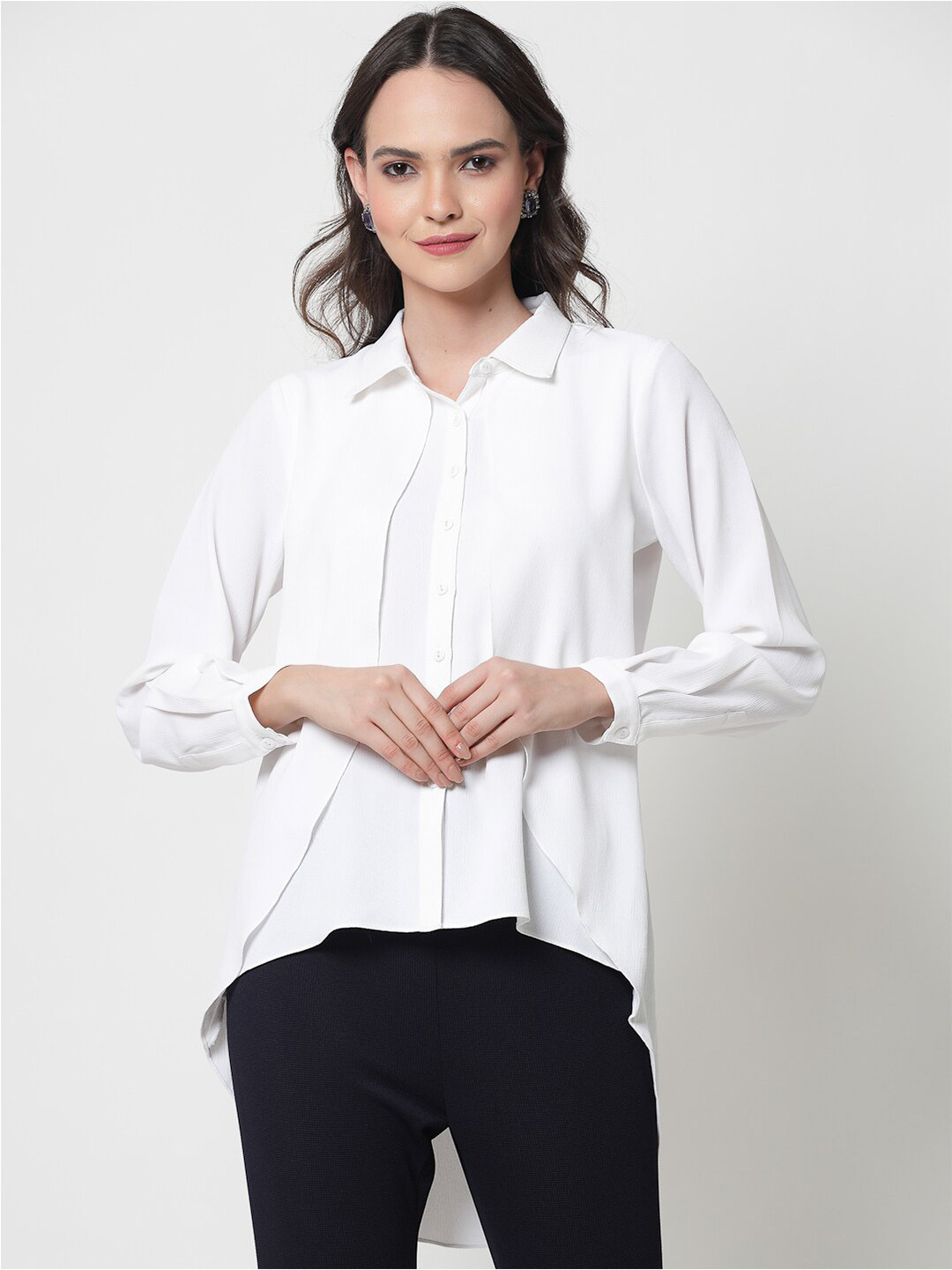 OFFICE & YOU Cuffed Sleeves High-Low Shirt Style Top
