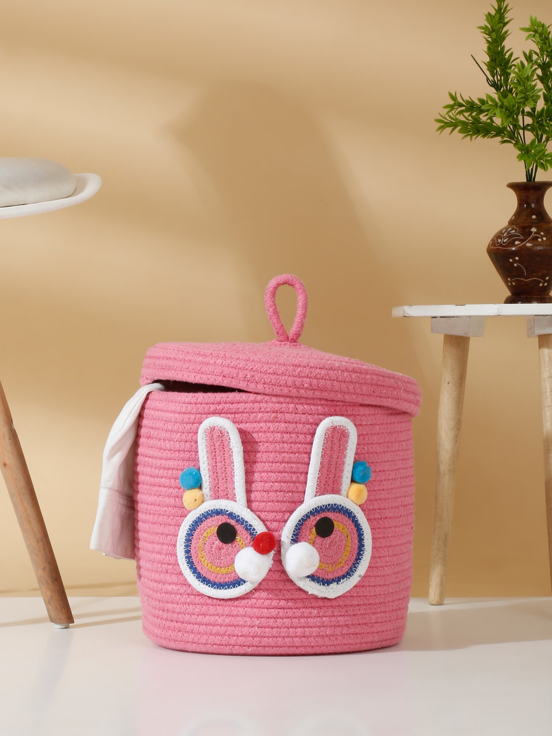 Hosta Homes Pink Cartoon Face-Patterned Cotton Laundry Bag With Cover