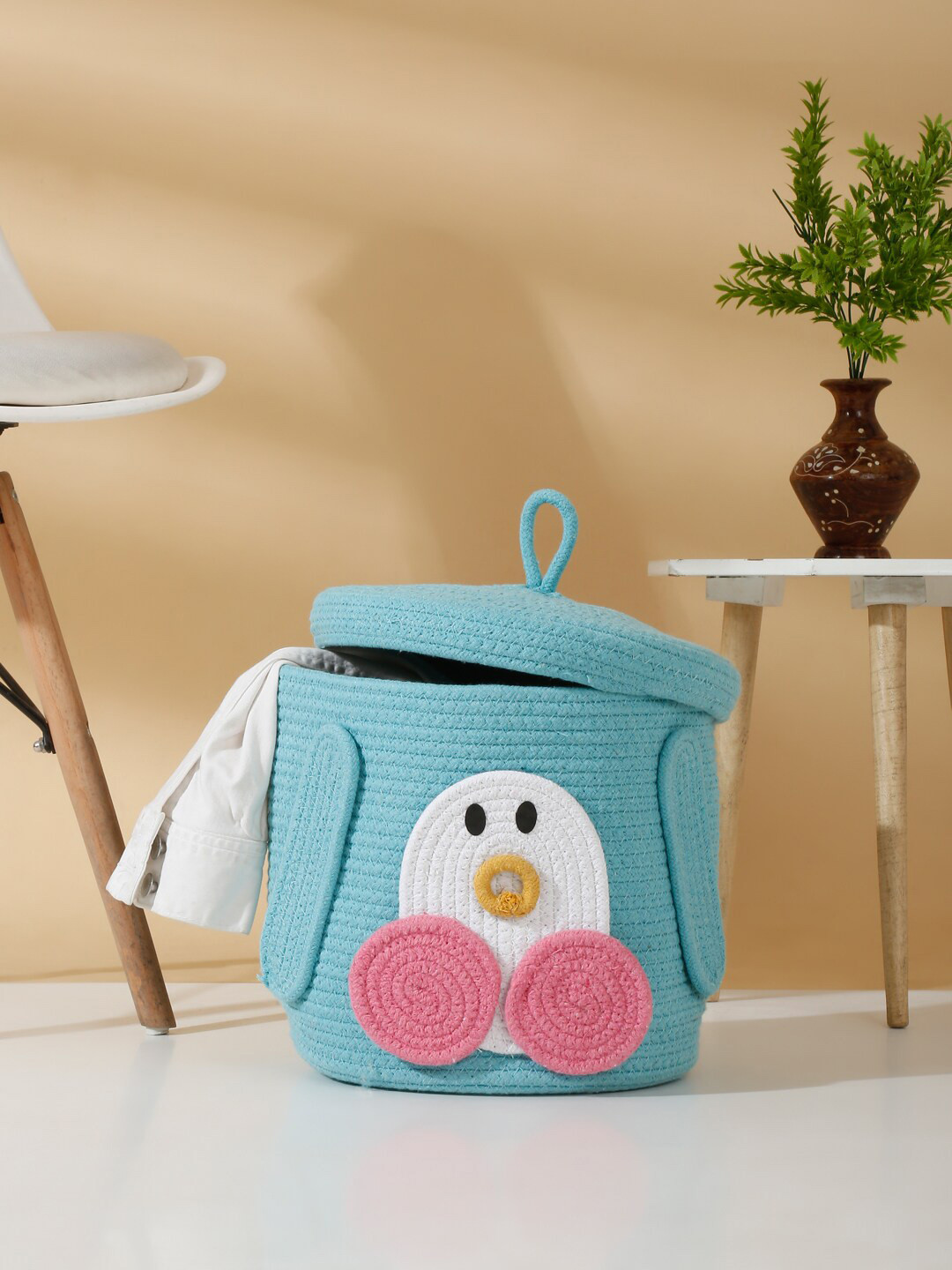 Hosta Homes Blue & Pink Cartoon Face-Patterned Cotton Laundry Bag With Cover